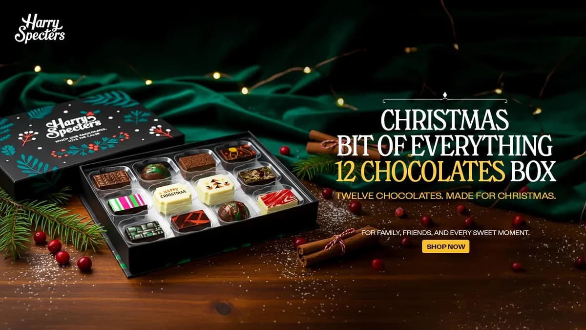 Paid social ad for a twelve-piece Christmas chocolate box