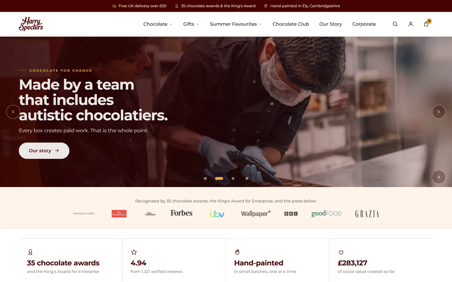 Homepage of a luxury chocolate e-commerce site with a full-width hero